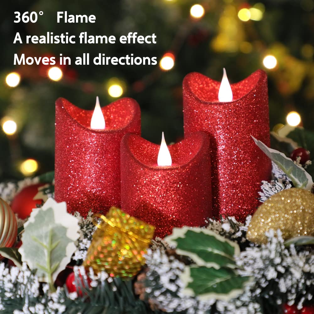 GiveU Pack of 3 Red Glitter Candle 3D Moving Flame LED Candles,10-Key Remote, Battery Powered Flameless Candle with Timer, Home Decor Bedroom, Hallway, Wedding Events
