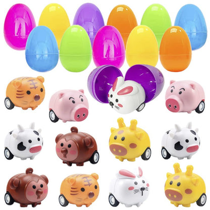 BAINFE 12PCS Easter Eggs with Pull Back Car Toys, Plastic Eggs with Cartoon Animal Vehicles for Kids Easter Egg Hunts, Easter Basket Stuffers Fillers, Easter Party Favor Classroom Prize Supplies