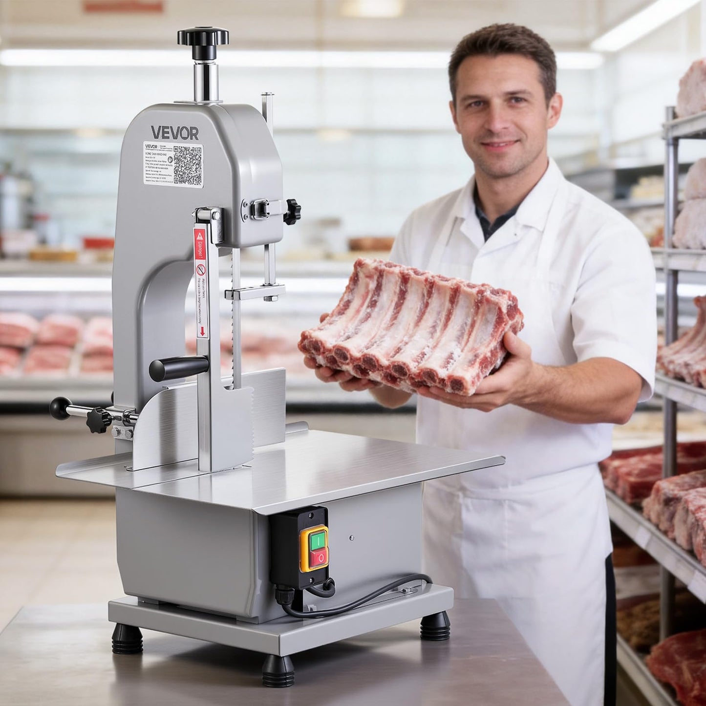 VEVOR Commercial Electric Meat Bandsaw, 1100W Bone Sawing Machine with 12.4" x 18.1" Workbench, 0-4.3" Cutting Thickness, 7 Extra Replacement Blades, for Cutting Bone, Frozen Meat, Pork, Beef & Ribs