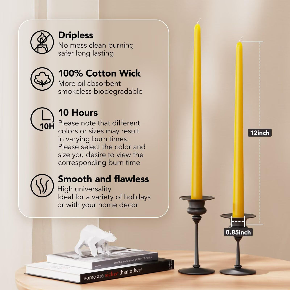 Pickood 12-Inch Tall Dripless Taper Candles Set of 4 - Lemon Yellow Tapered Candles, Perfect for Spring - Smokeless, Unscented, Long Burning - Hand Poured, Colored Tall Candlesticks - Lenmon