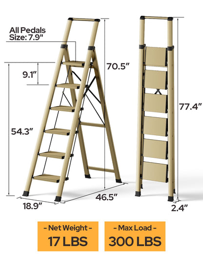 GameGem 6 Step Ladder for 12 Feet High Ceiling, Lightweight Aluminum Folding Step Stool with Convenient Handgrip, Stepladders with Anti-Slip and Wide Pedal for Home Use Space Saving - Gold