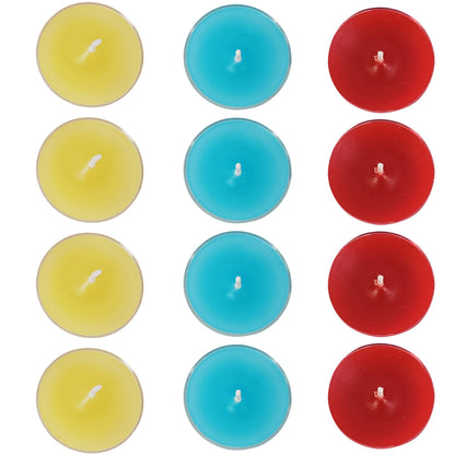 Scented Tea Light Candles 12 Pack Hand Poured 3 Color Smokeless 4 Hours Clean Burning Small Round Clear Cups Tealight Candles for Romantic Dinners Wedding Centerpieces Cozy Evenings