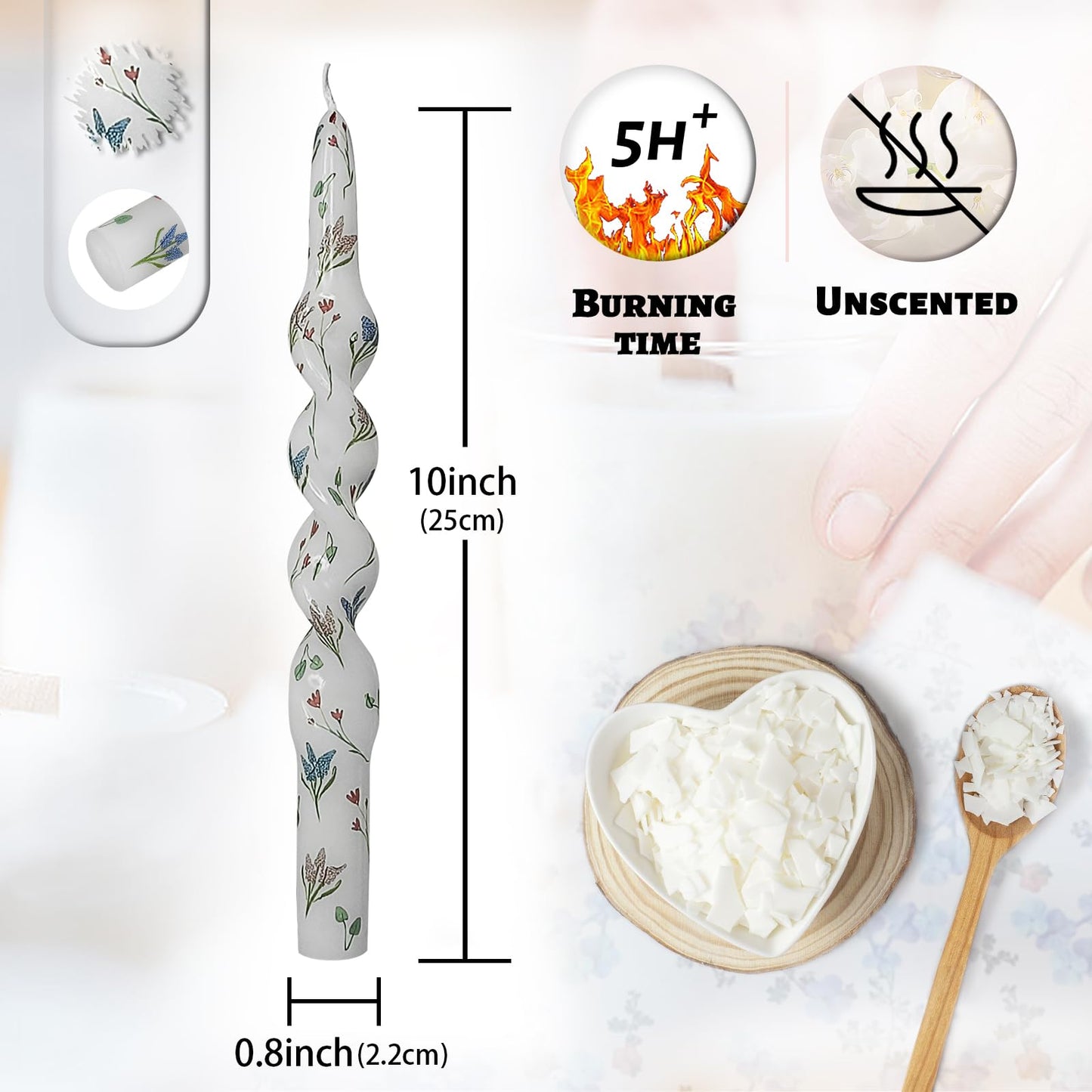 Unscented Floral Taper Candle Spiral Candlesticks - Set of 2 Trefoil Handmade Twisted Candle 10 Inch Long Candle Sticks Print Tapered Candles for Home Wedding Dinner