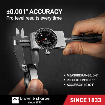 Brown & Sharpe 6" Dial Caliper, 0.001" Resolution, Shockproof Design, Locking Screw, Hardened Stainless Steel Jaws, Zinc-Aluminum Alloy Housing
