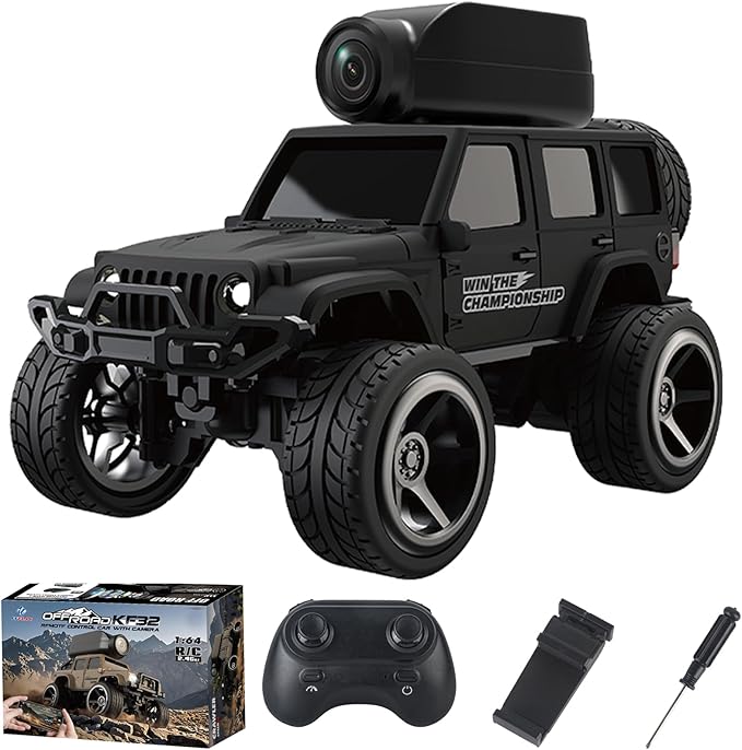 KF32 1:64 RC Mini Climbing Alloy Video Car with APP Control and Radio Remote Control HD Camera FPV Cars (Black)