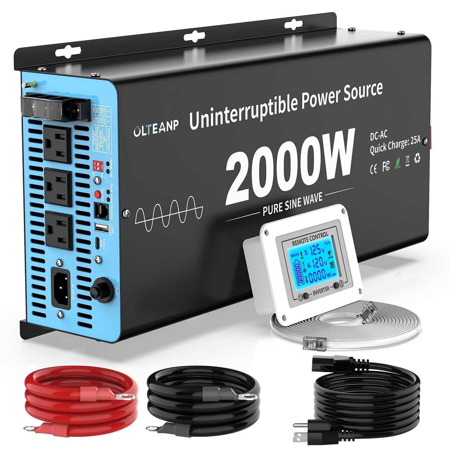 2000W Sump Pump Battery Backup System, Pure Sine Wave Inverter Charger with 25A Fast Charging, Auto Transfer Switch for Basement Flood Protection During Outages, LCD Remote, 12V Deep Cycle Compatible