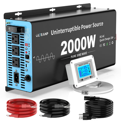 2000W Sump Pump Battery Backup System, Pure Sine Wave Inverter Charger with 25A Fast Charging, Auto Transfer Switch for Basement Flood Protection During Outages, LCD Remote, 12V Deep Cycle Compatible