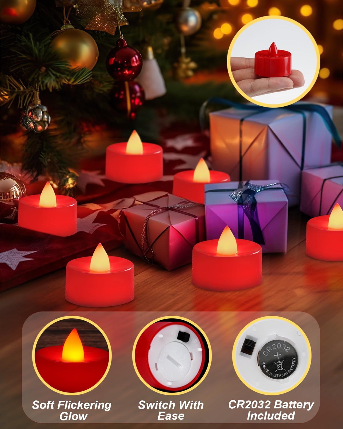 BEICHI Flameless Candles, Battery Operated LED Tealights Votive Flickering for Party Halloween, Christmas, Wedding- 24Pack, Red Light
