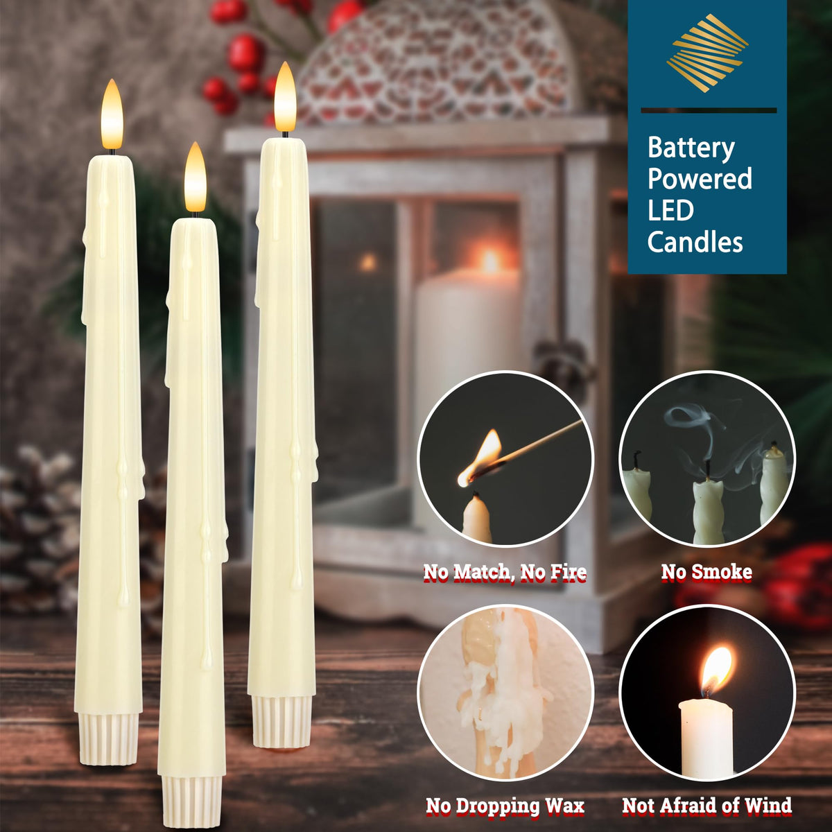 SEHNSY Dripless Flameless Taper Candles with Remote, Real Wax Battery Operated LED Candles Set with 3D Flickering Flame, 9.6" Realistic Dripless Candlesticks for Wedding Home Decor, 3 Pack Ivory