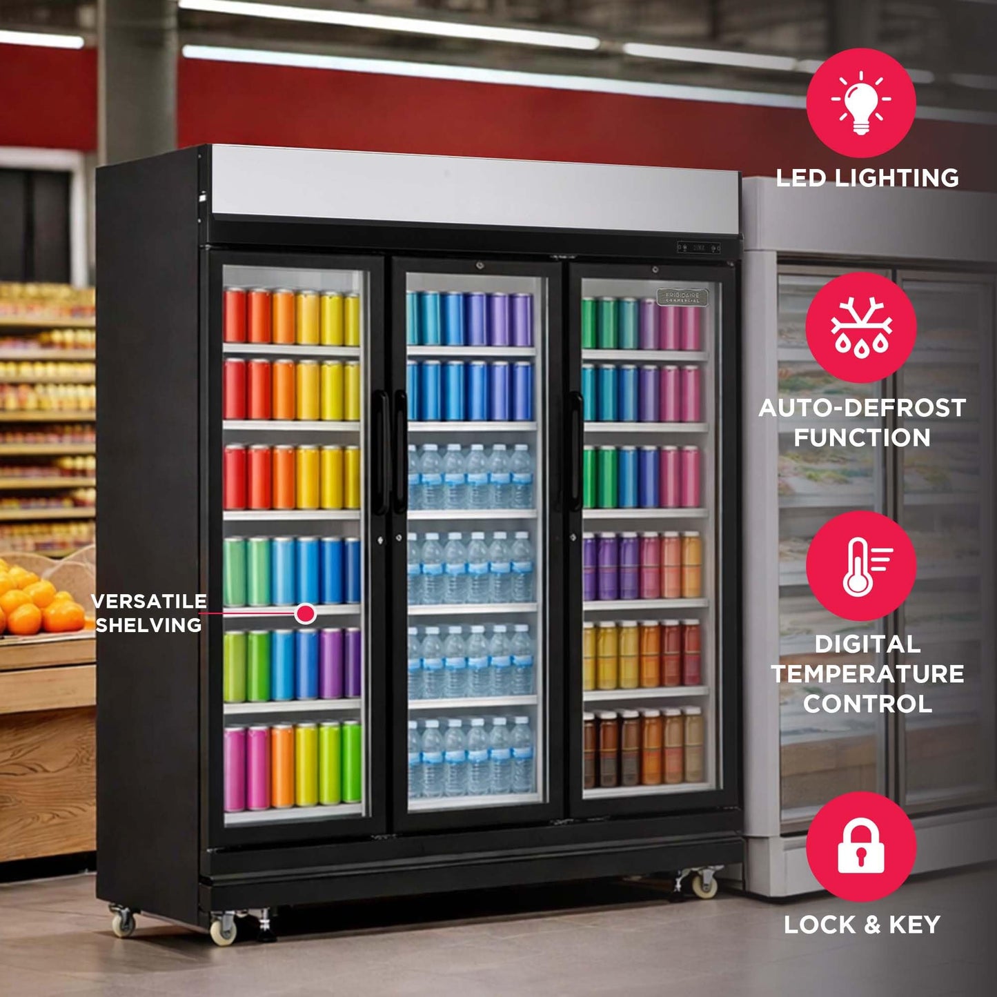 Frigidaire Commercial, 70.9" Triple Door Glass Display Refrigerator, Merchandiser Fridge, 49 Cu Ft, LED Lighting, 8 Wire Shelves, Digital Temperature Control, Self-Closing Glass Doors