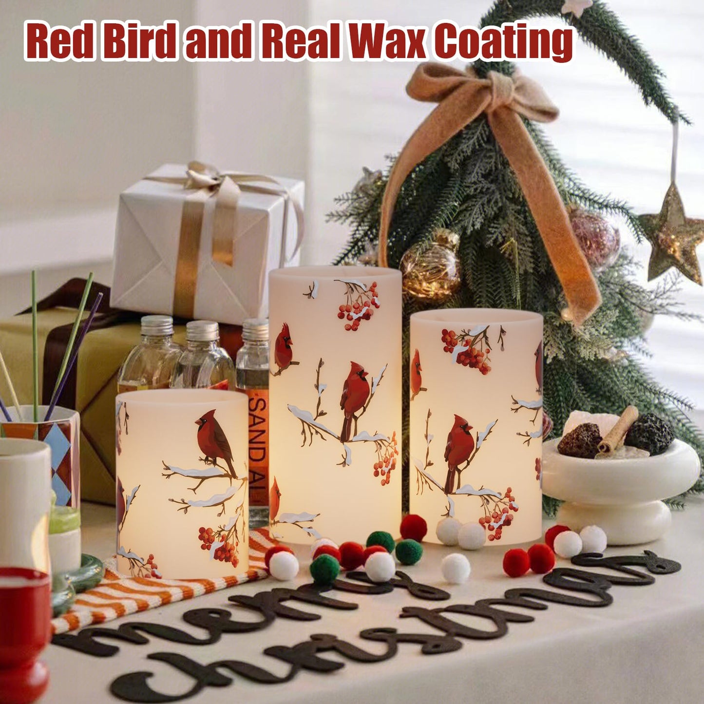 Lasumora Cardinal Theme Christmas Flameless Candles with 6H Timer, Real Wax LED Pillar Candles Flickering, Battery Operated Waxy Candles for Home Fireplace Christmas Décor, 3x4/5/6 inches