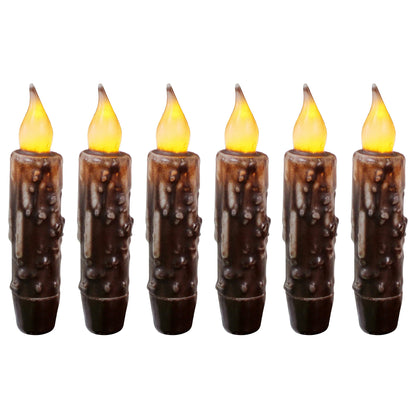 CVHOMEDECO. Real Wax Hand Dipped Battery Operated LED Timer Taper Candles Rustic Primitive Flameless Lights Décor, 4-3/4 Inch, Brwon, 6 PCS in a Package