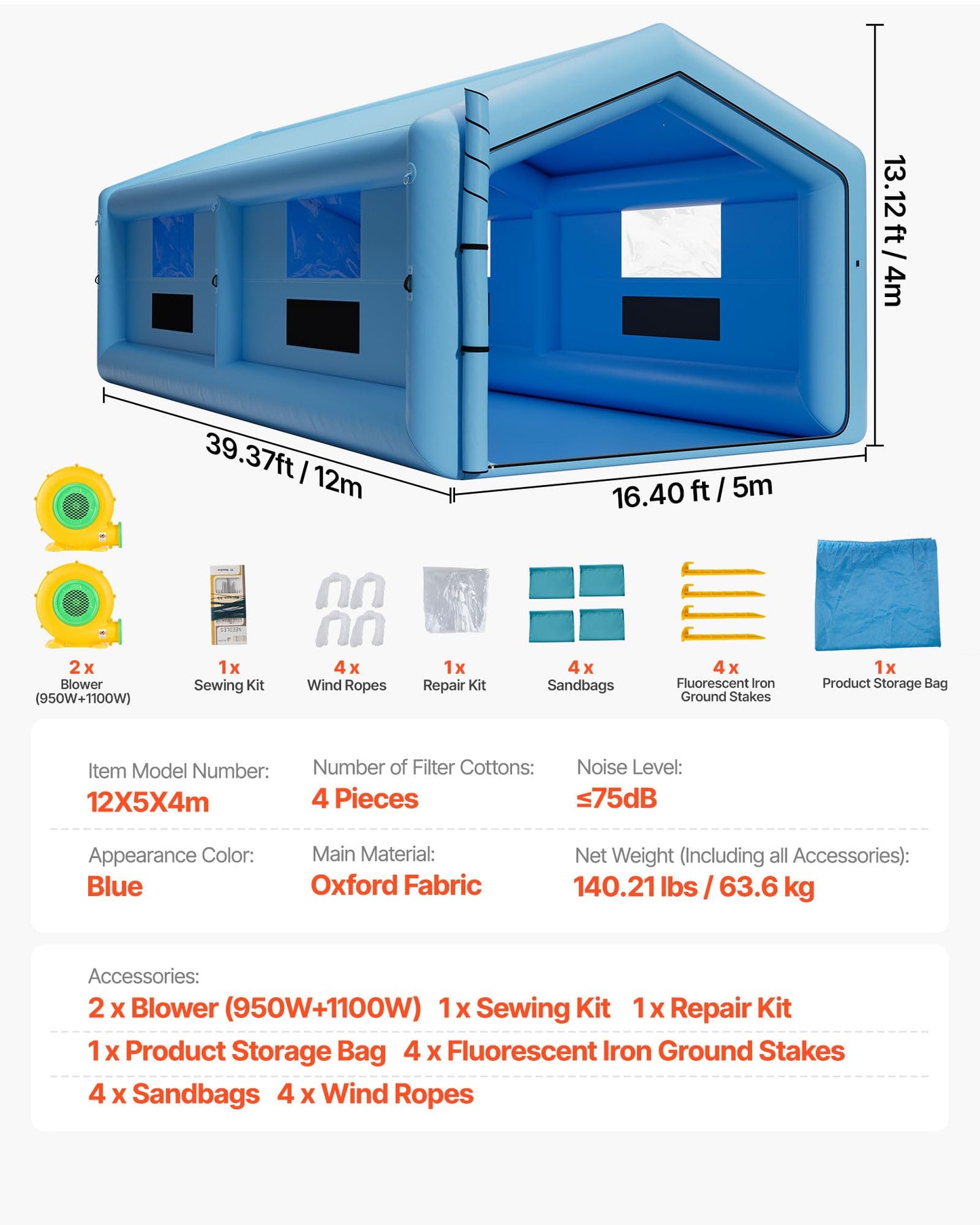 VEVOR Inflatable Paint Booth, 39.37 x 16.40 x 13.12 ft, Inflatable Spray Booth with 950W+1100W Blowers, Air Filter System, Triangular Roof, for Painting Car, Truck, Furniture, Automotive Sheet Metal
