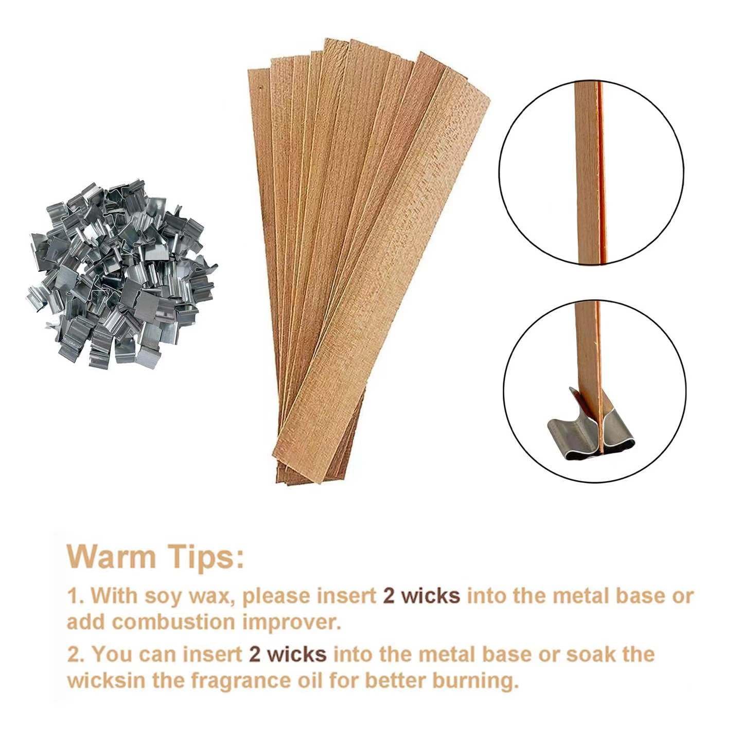 50 PCS Wooden Candle Wicks & Wick Trimmer Wood Candle Wicks 5.1 x 0.5 x 0.02 Inch Smokeless Wood Wicks for Candles with Candle Wick Trimmer and Iron Stand for DIY Candle Making（Use Two Wicks）