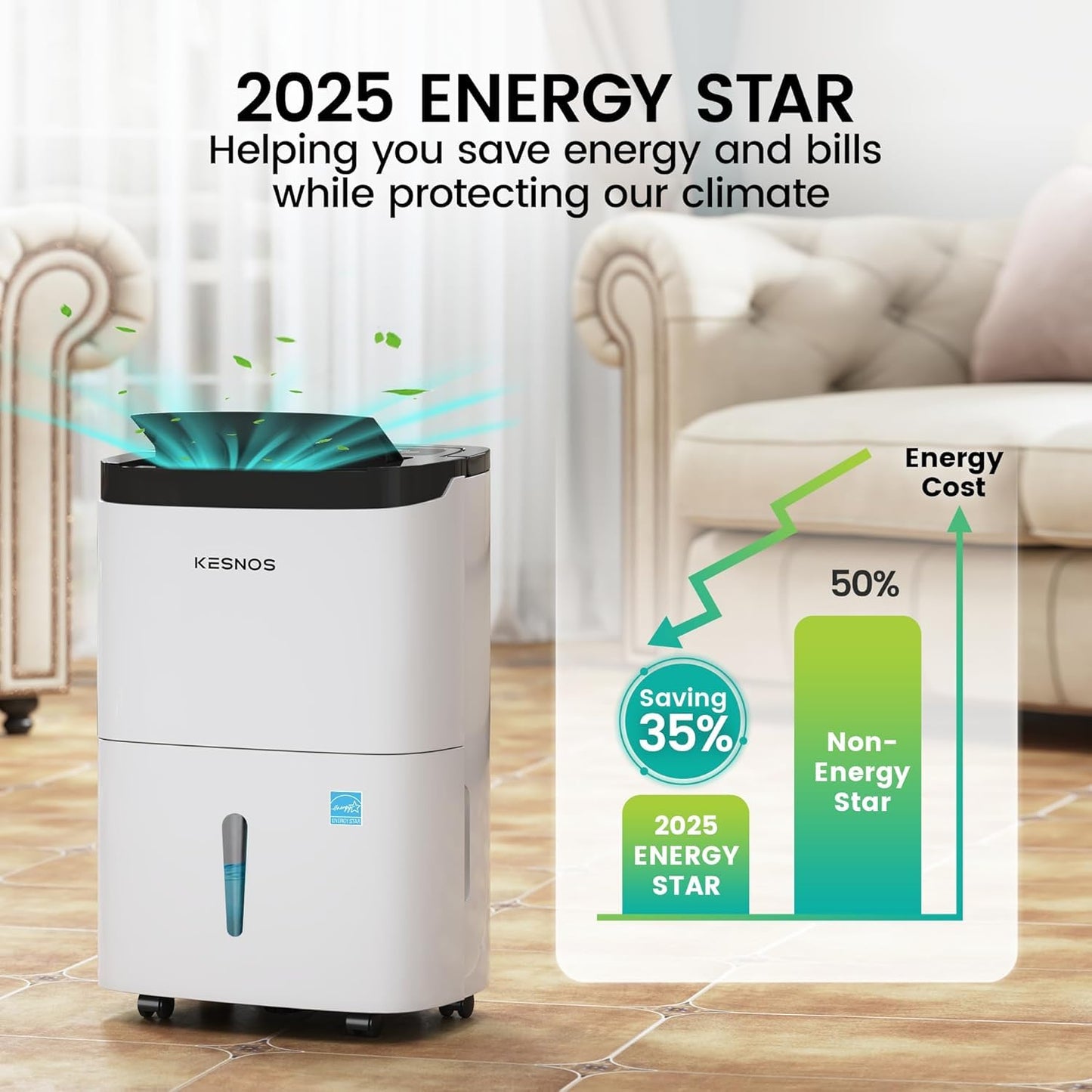 Kesnos 120 Pints 2025 Energy Star Dehumidifier for Home & Basement with Drain Hose, Ideal for Large Spaces up to 6,500 Sq. Ft., Featuring Auto Defrost & Self-Drying Function