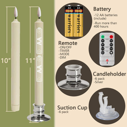 6 Pack LED Windows Candles with 12 AA Batteries(Include,Run More Than 400 Hours) + 6 Silver Removable Candlesticks + 6 Suction Cup,10'' Ivory Flameless Battery Taper Window Candle Light with Remote