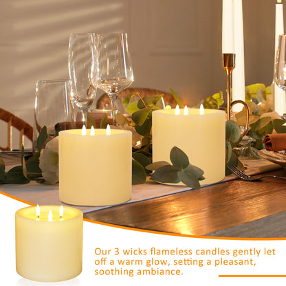 AFINETH Extra Large Flameless Candles with 3 Wicks, 6"x6" Real Wax Battery Operated Candles with Remote and Timer, Flickering LED Candles Fake Candle for Home, Wedding, Party, Ivory