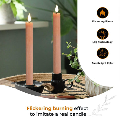 comforder Flameless Taper Candles – Flickering LED Flame with 6H Timer – Real Wax, Ribbed Design – Battery Operated Set of 2 – 10" Tall (Mauve)
