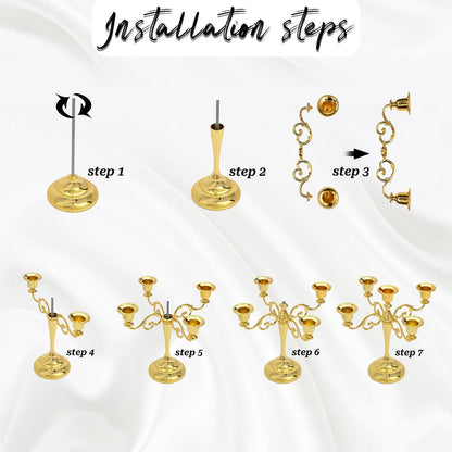 Gold 5 Arm Candelabra Candlestick 10.2 Inch Tall Metal Candle Holders Classic 5-arms Polished Taper Candle Holder Centerpieces for Home Decor Dining Tables Wedding Church Christmas Holiday Events