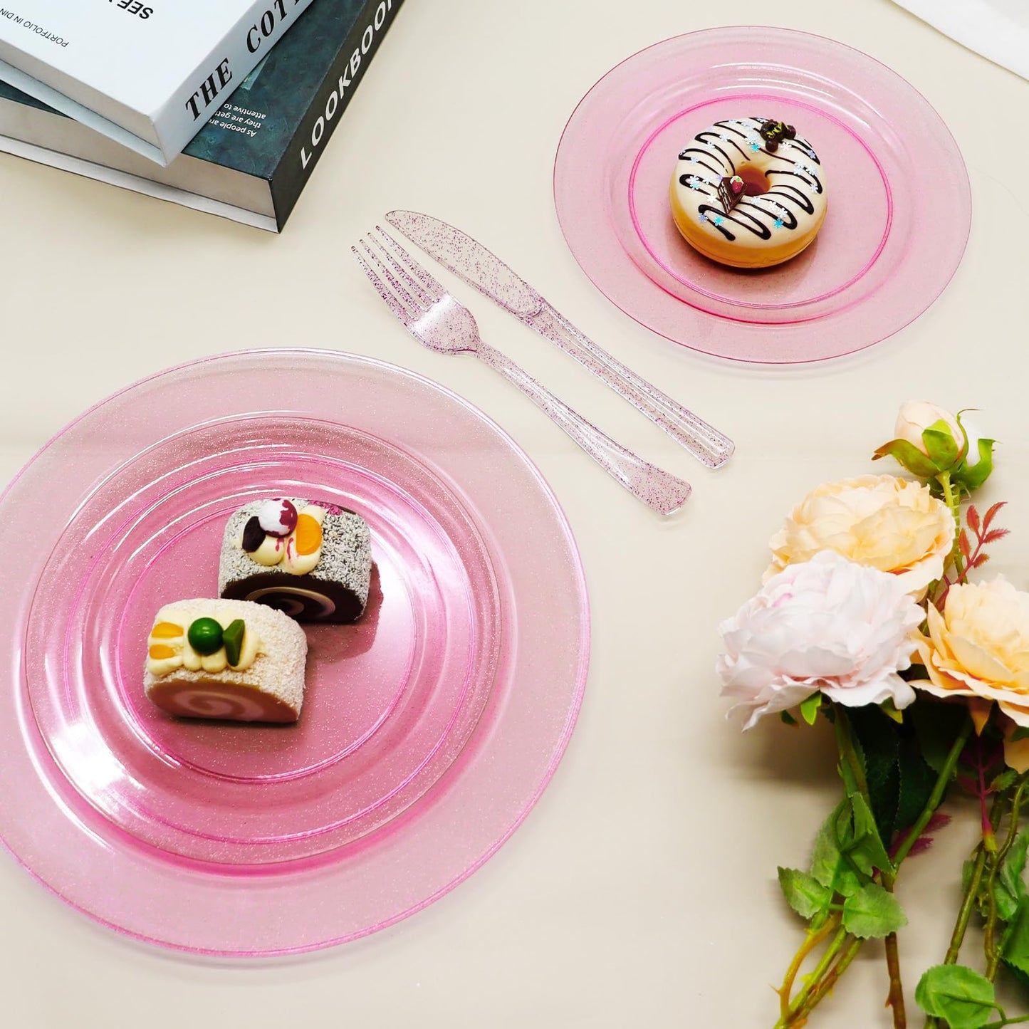 joy akkess 125 PCS Hot Pink Plastic Plates with Pink Plastic Silverware include 25 Dinner Plates 10.25”, 25 Dessert Plates 7.5”, 25 Forks, 25 Knives, 25 Spoons for Birthday, Bridal Shower,Girl Party