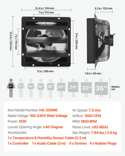 VEVOR 10 inch Exhaust Fan, Wall Mounted Attic Fan with Variable Speed, Temperature & Humidity Controller, 1000 CFM, Automatic Shutter