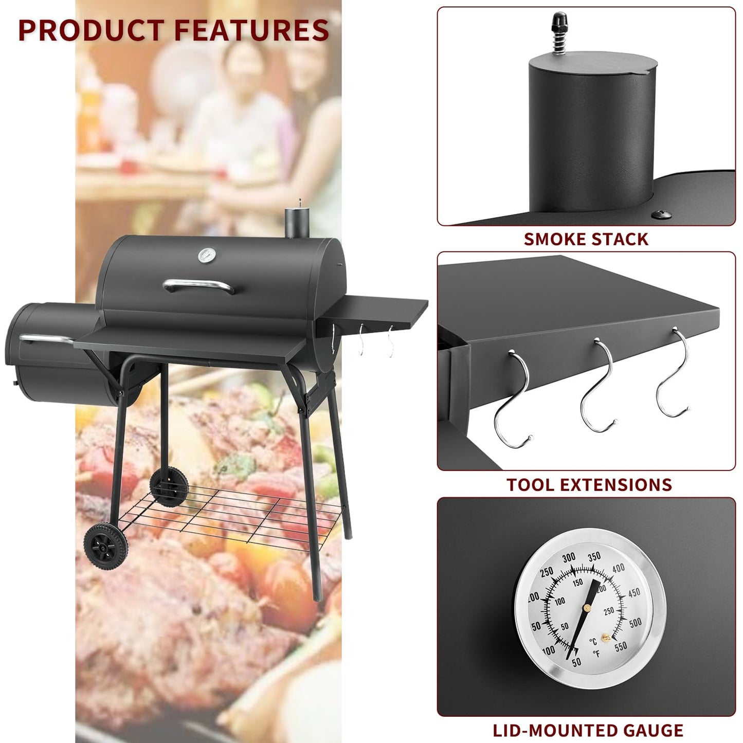 Charcoal Grill with Offset Smoker,BBQ Grills with Side Table,Outdoor Cooking with 714 Square Inches,Backyard Camping Picnics, Patio and Parties, Black by DNKMOR