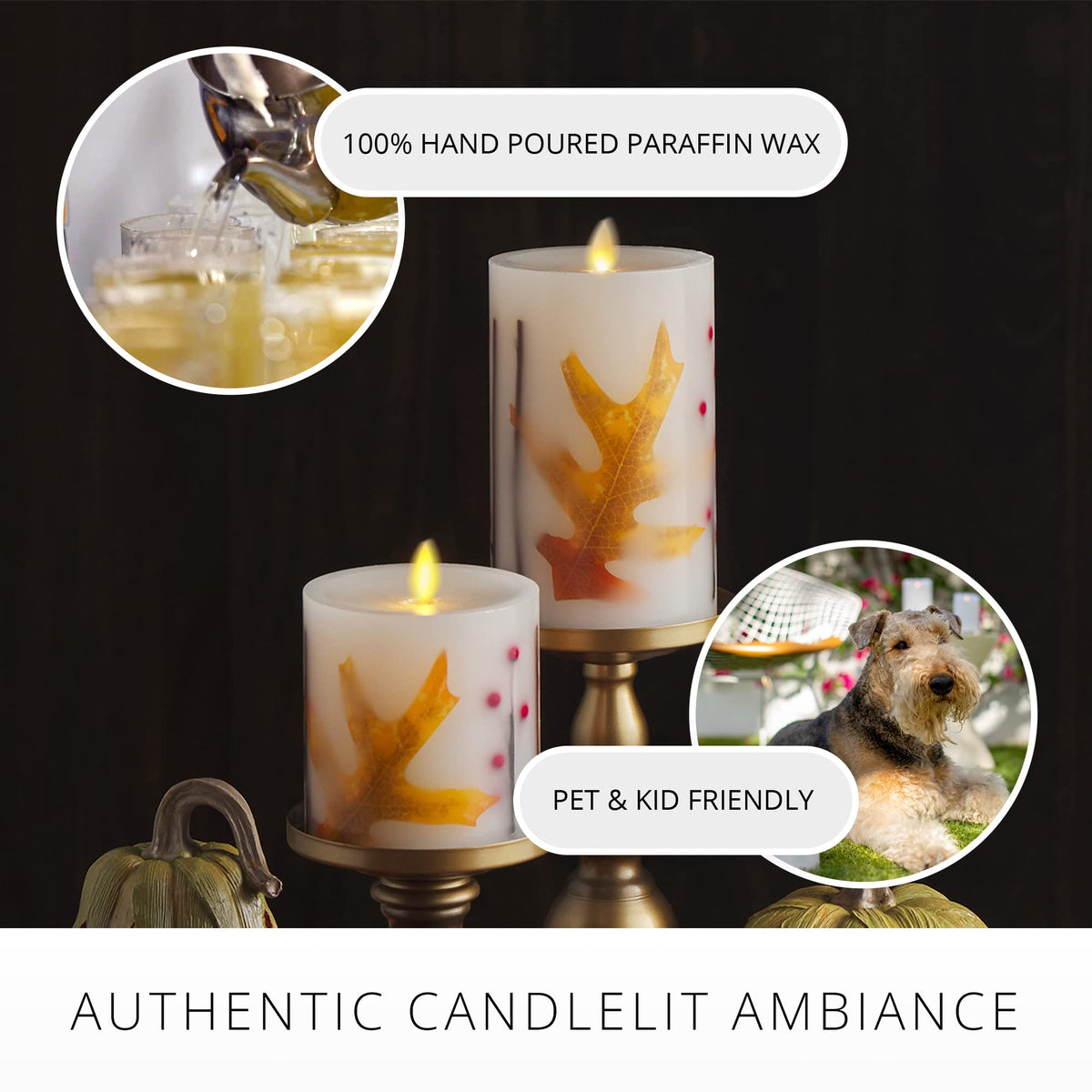 Luminara Embedded Flameless LED Candle - Orange Leaf 3.5" x 4.5" - Moving Flame Pillar, Battery Operated Timer, Real Wax, Unscented, Safe