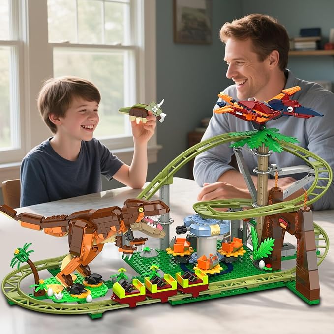 HOGOKIDS Dinosaur Roller Coaster Building Set - 1222 PCS Roller Coaster Building Toy with 4 Dinosaur Off-Road Vehicle Food Cart Dinosaur Models Playset Gifts for Adults Girls Boys Ages 8-12 Years