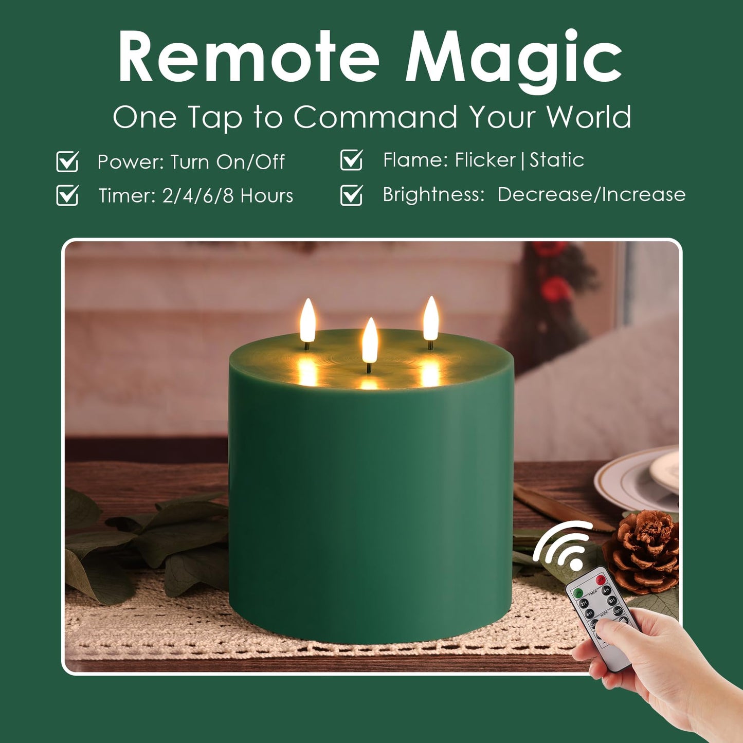 Girimax Green 3 Wick Flameless Candle with Remote, 6x6 inch Large LED Pillar Candle Battery Operated Real Wax Flickering Home Shelf Table Decor