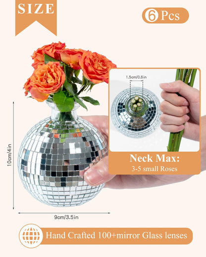 RGBDOT Disco Ball Vase for Centerpieces Disco Ball Planter for Flowers Silver Mirror Glass Disco Ball Decor for Table, Party, Wedding, Birthday, Home, or Bedroom(3.5" X 4")