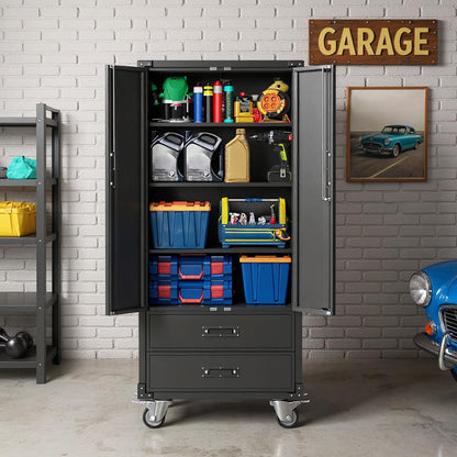Metal Storage Cabinet with Wheels, 67in Rolling Metal Cabinets with Doors & Adjustable Shelves for Garage Storage, Heavy Duty Black Steel Lockable Cabinet on Wheels for Workshop, Home Office, Black