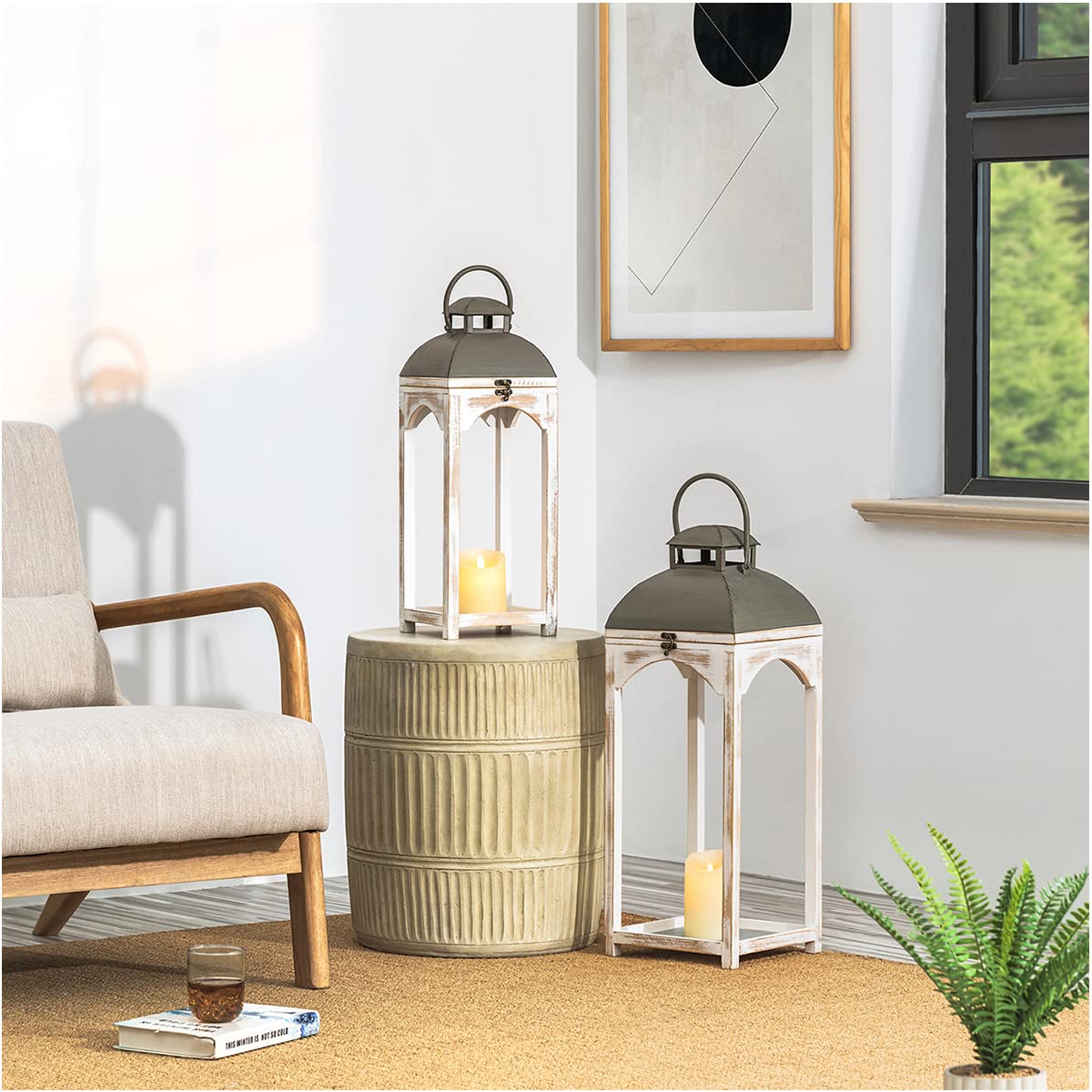 Glitzhome Lanterns Decorative Indoor, 2 Pack Mondern Farmhouse Candle Lanterns,Wooden Hanging Lanterns with Metal Top Floor Candle Lanterns for Home Décor, Weddings, Parties, Holiday (No Glass)