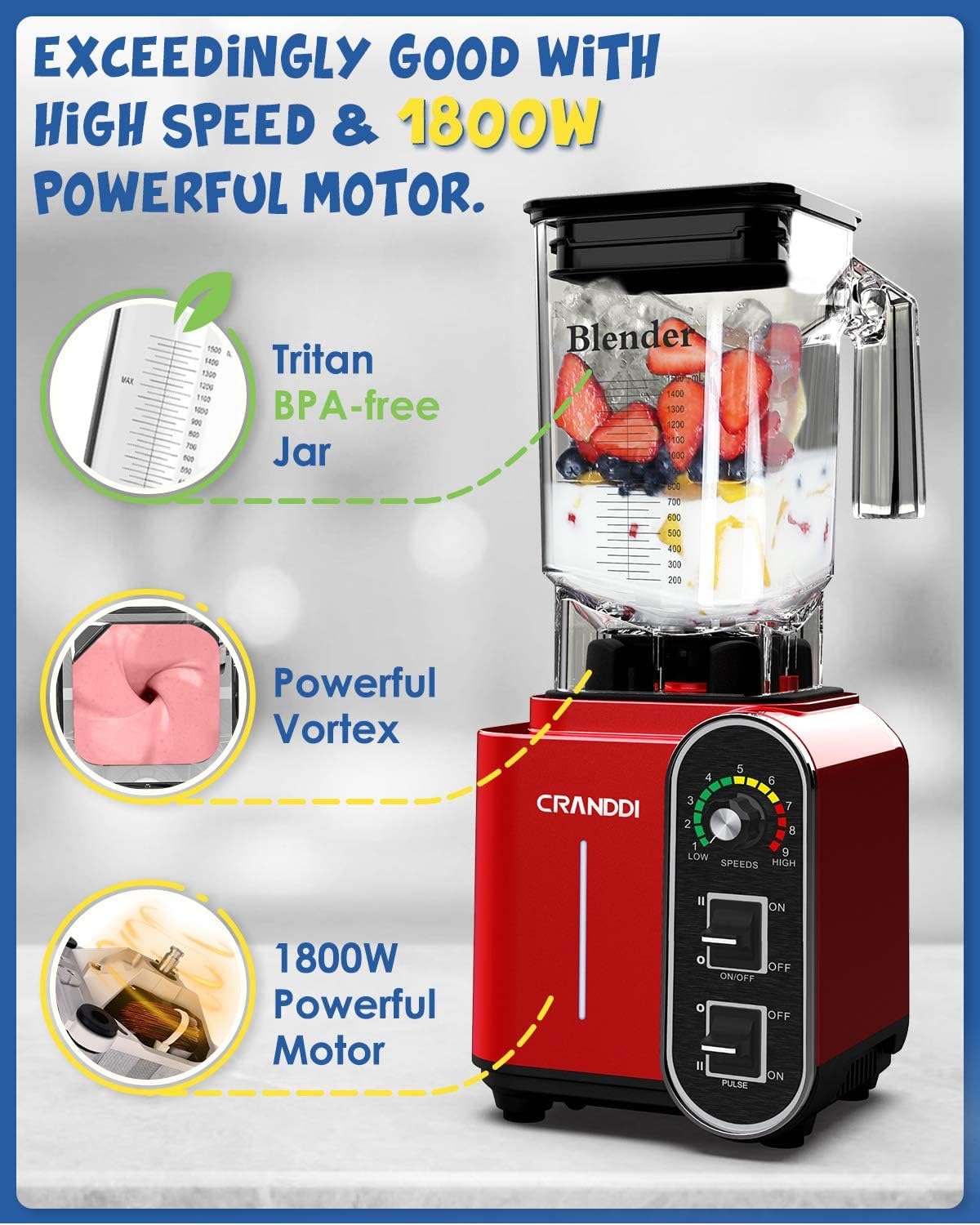 CRANDDI Smoothie Blender 52oz, 1800 Watt commercial blender, professional blenders, Stainless Steel Blade 9 Speed & Self-Cleaning, Build-in Pulse, K98C Red