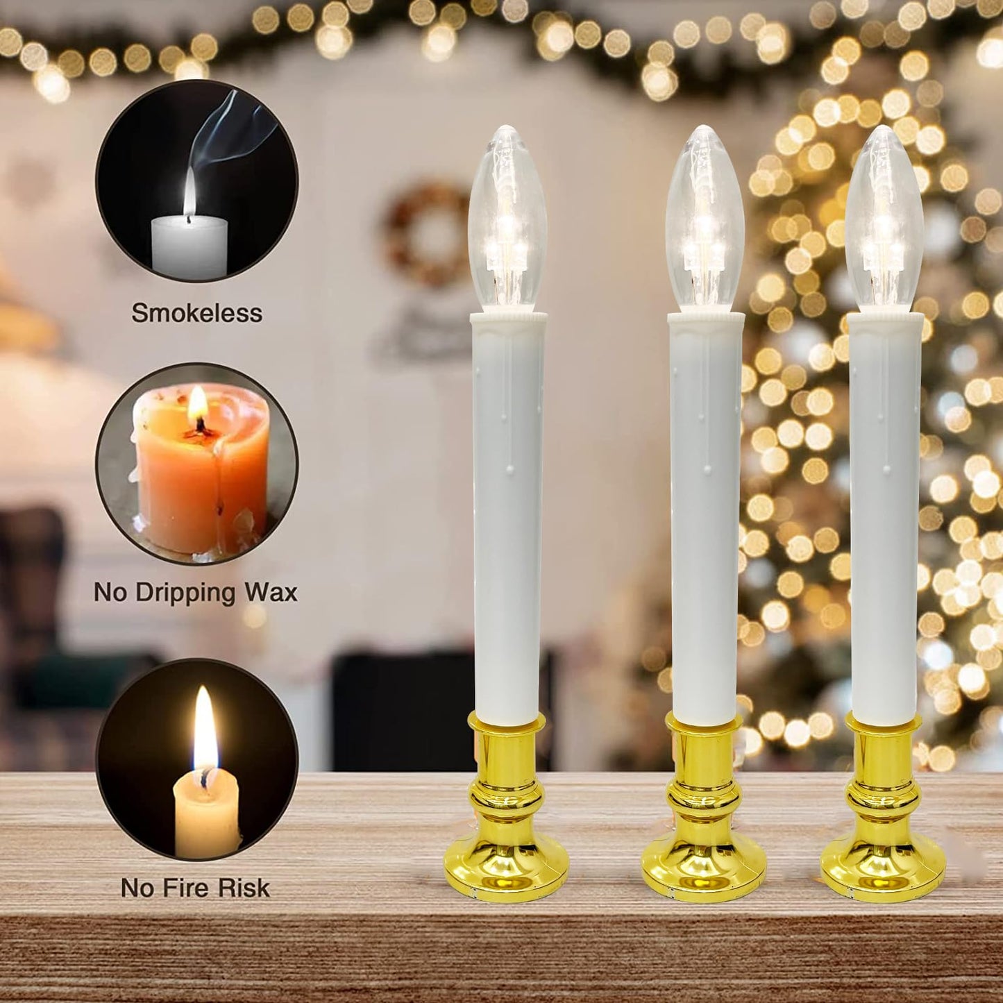 Oviejo 4 Pack Christmas Electric Candles, Electric Candle Lamps with Gold Base, Christmas Window Candles with 6-18 Timer On/Off for Home Table Weddings Holiday Decor