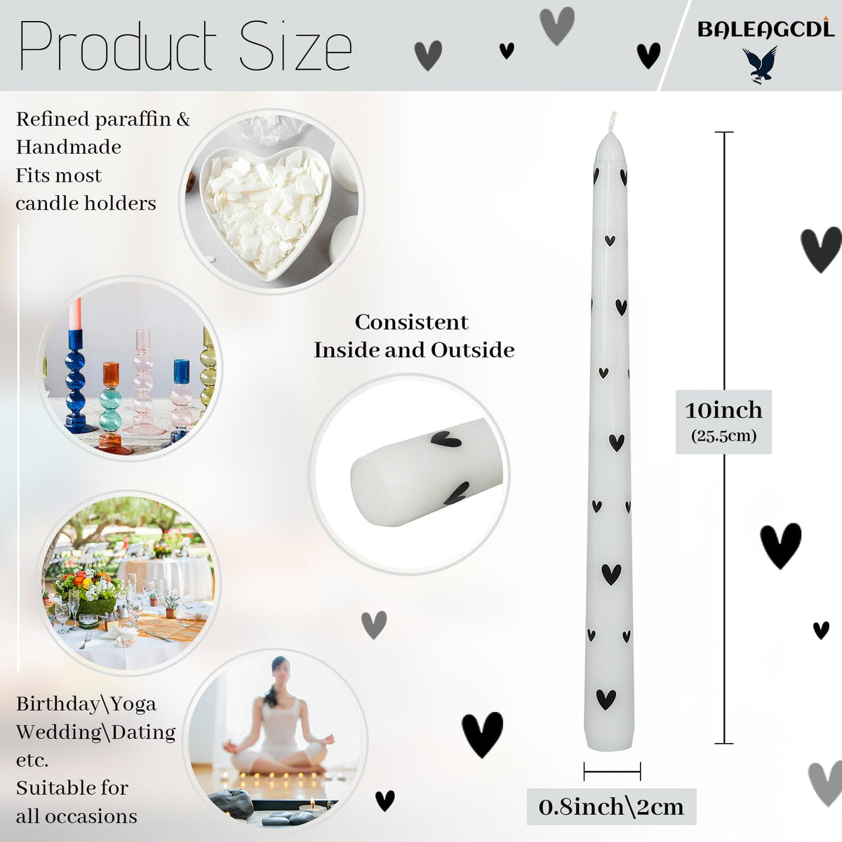 Baleagcdl White & Black Heart Taper Candles - 10 Inch Handmade Drip Candlesticks, Set of 2 for Wedding Home Holiday Decor Gifts