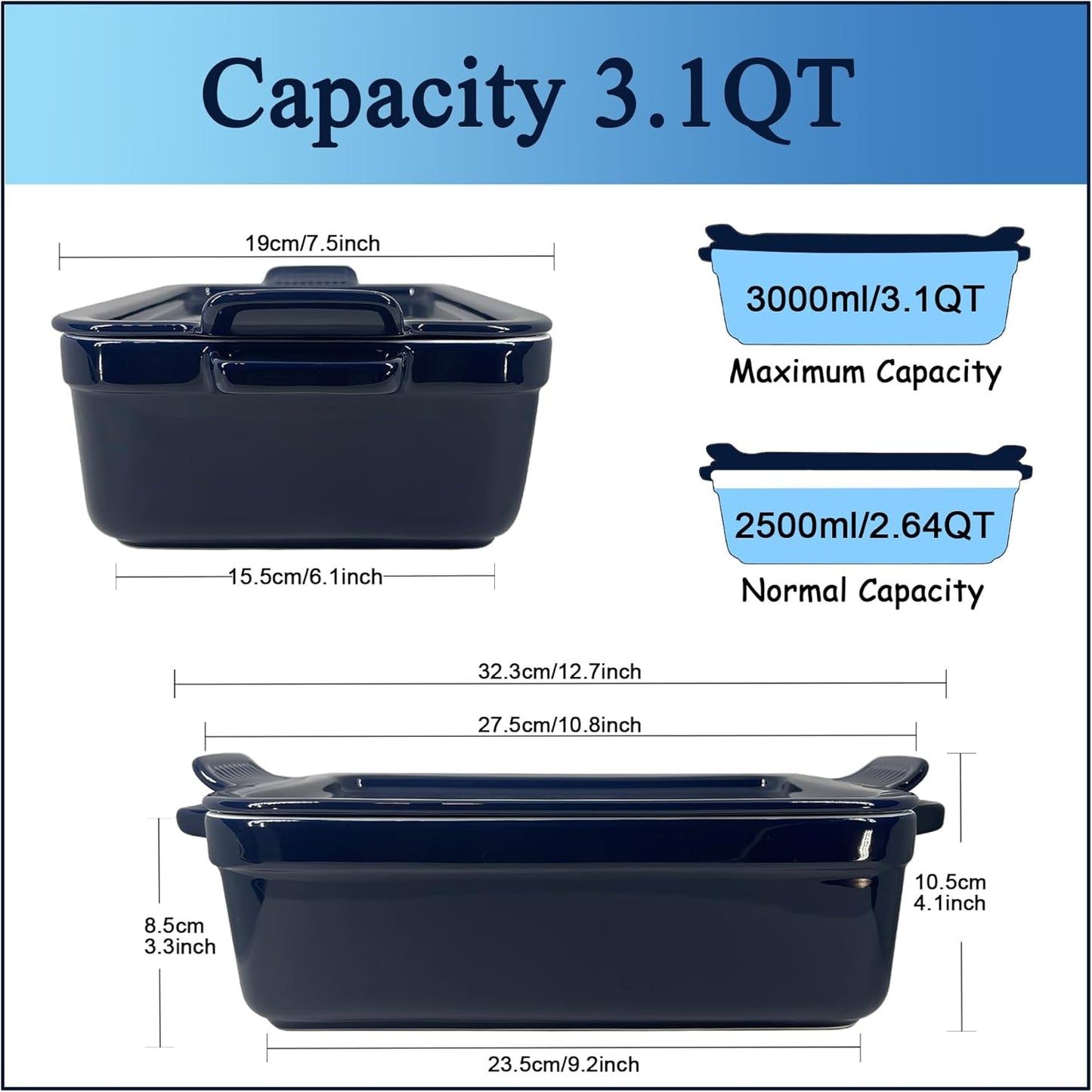 Skiennix Baking Pan - Deep Ceramic Lasagna Dish with Lid for Oven | Navy Blue, 3.1 Quarts