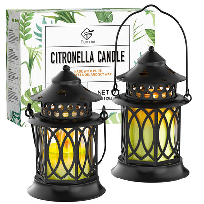 Citronella Candles Outdoor, 2 Pack Lemongrass Scented Soy Wax Candles with Metal Lantern Holder, Outdoor Candle Set for Patio Garden Camping Decor, Gift Set