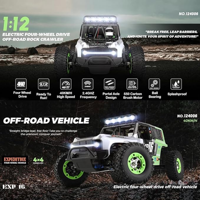 GoolRC WLtoys 124006 RC Car 1:12 Scale Remote Control Car 4WD 40KM/H High Speed RC Truck 2.4GHz Off-Road RC Crawler RTR with LED Lights and 2 Batteries for Adults (Red)