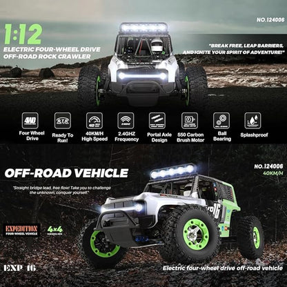GoolRC WLtoys 124006 RC Car 1:12 Scale Remote Control Car 4WD 40KM/H High Speed RC Truck 2.4GHz Off-Road RC Crawler RTR with LED Lights and 2 Batteries for Adults (Red)