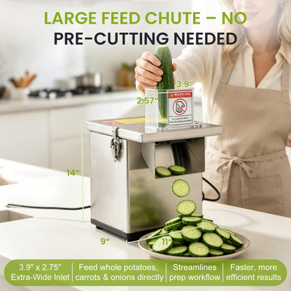 4-In-1 Electric Vegetable Chopper – 330 lbs/hr, 200W Motor, Slice/Dice/Shred/Wavy Cut, Stainless Steel, Large Feed Chute, Safety Shut‑off – for Restaurant & Home Kitchen