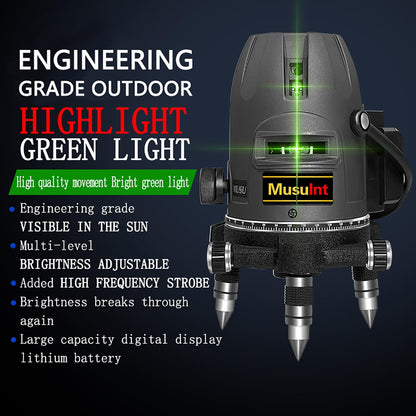(Outdoor Super Bright) 5 lines laser level 360 self leveling Precision Cross Line level tool Green beam with 360° Rotating base Digital Li-ion Battery 5 Strong light spots 1 Plumb point