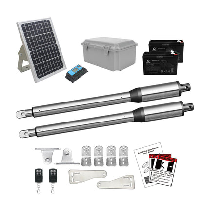 JUJIANG C01 Solar Gate Opener with Batteries & Solar Panel for Dual Swing Gates Up to 440lb 12FT per Arm Automatic Gate Opener with Remote Complete Kit Light Duty Automatic Gate Openers Solar Powered