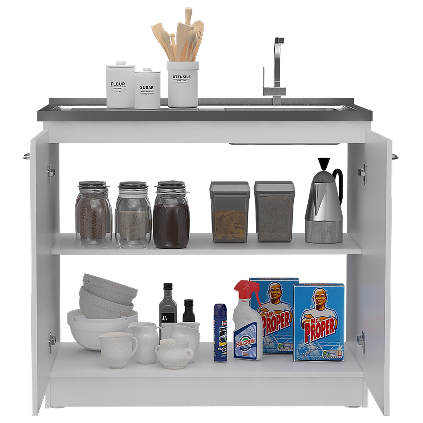 DEPOT E-SHOP Salento Utility Freestanding Sink with Cabinet 35.4" H x 39.3" W - Double Door, Two Shelves, Metal Handles, Aluminum Countertop, White, with Integrated Steel Sink