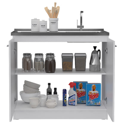 DEPOT E-SHOP Salento Utility Freestanding Sink with Cabinet 35.4" H x 39.3" W - Double Door, Two Shelves, Metal Handles, Aluminum Countertop, White, with Integrated Steel Sink