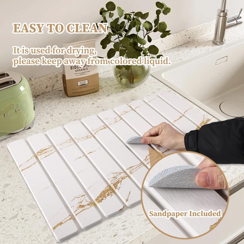3 PCS Large Stone Dish Drying Mat for Kitchen Counter - Quick Dry Diatomaceous Earth Mat with 2 Coasters, Ultra Absorbent Stone Drying Pad for Dishes & Cups, Heat Resistant, Gold Marble