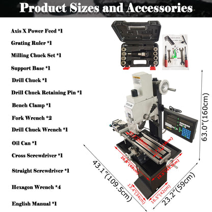 LGXEnzhuo 1300W Milling Drilling Machine R8 Taper Drilling Milling Lathe 50-2250RPM Brushless Motor with 27.5" x 7" Workbench for DIY/Metal/Wood Working 110V