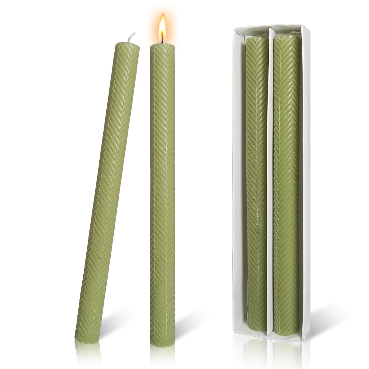 Ribbed Taper Candles Unscented Grass Green Candlesticks 10 Inch Handmade Long Candle Smokeless Texture Candle Sticks for Dinner Weddings Decoration Gifts Set of 2