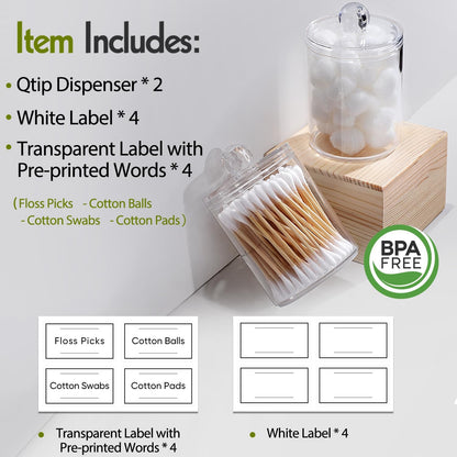 Skiennix Acrylic Qtip Holder Dispenser - Clear Plastic Canister Set for Cotton Swabs & Makeup Storage