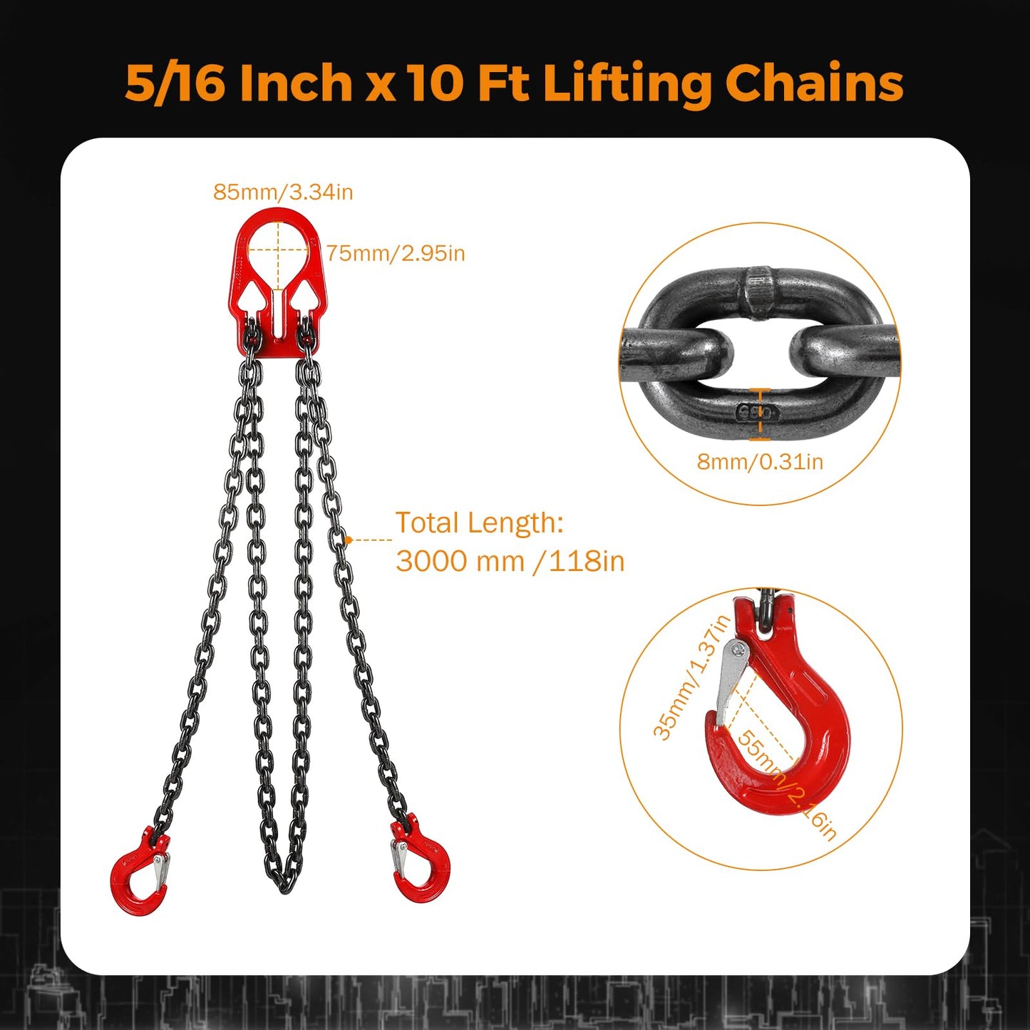 BEAMNOVA Lifting Chains with Adjuster Hooks, 5/16 Inch x 10 Ft, 7000lbs / 3.18 Tons + 1 Ton Electric Hoist Trolley for I-Beam