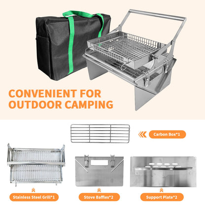 Portable 360°Rotating Charcoal Grill with Flipping Basket - 304 Stainless Steel Barbecue Grill for Camping, Tailgating, and Outdoor Adventures, Easy to Disassemble, Includes BBQ Bag New Upgrade